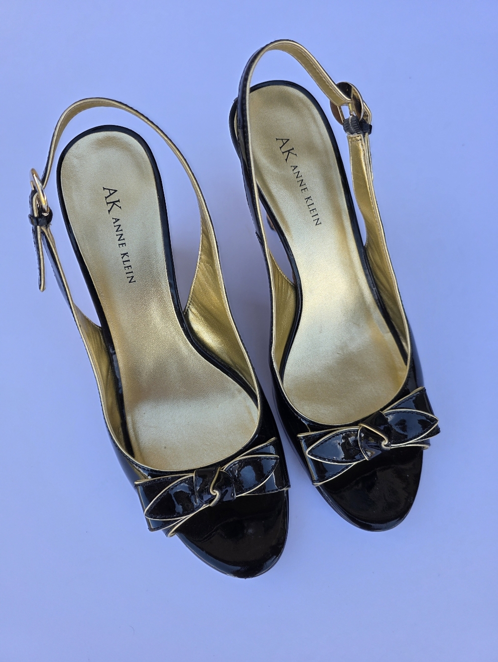 Anne Klein Black Patent Slingback Peep-Toe Heels with Bow